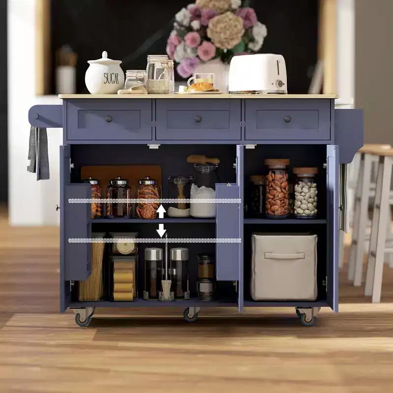 Rolling Kitchen Island with Charging Station, Drop Leaf & 3 Drawers