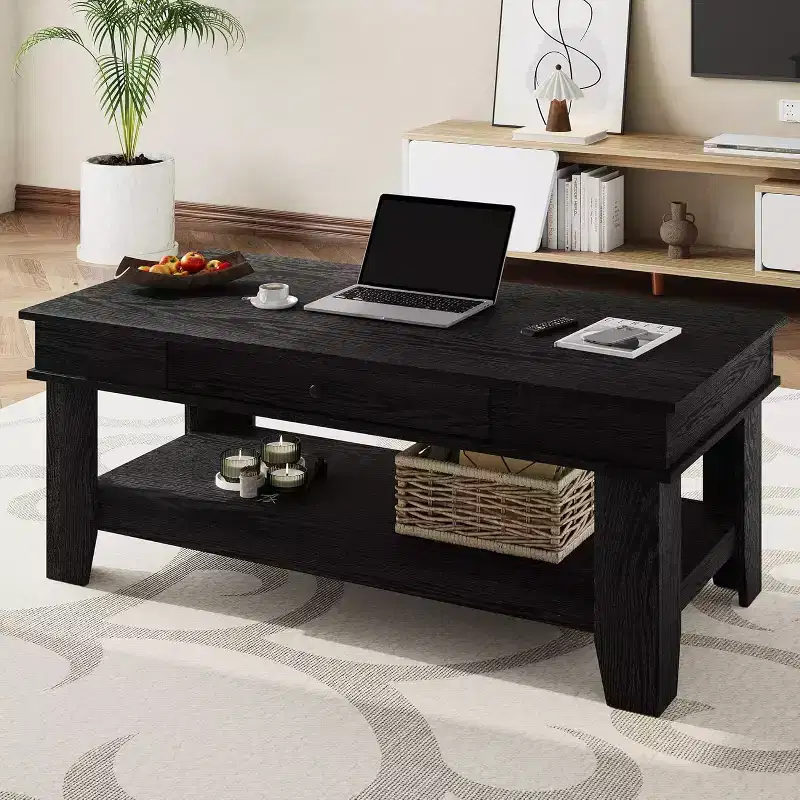 Rustic Rectangular Coffee Table with Sliding Drawer & Open Shelf, Farmhouse Style