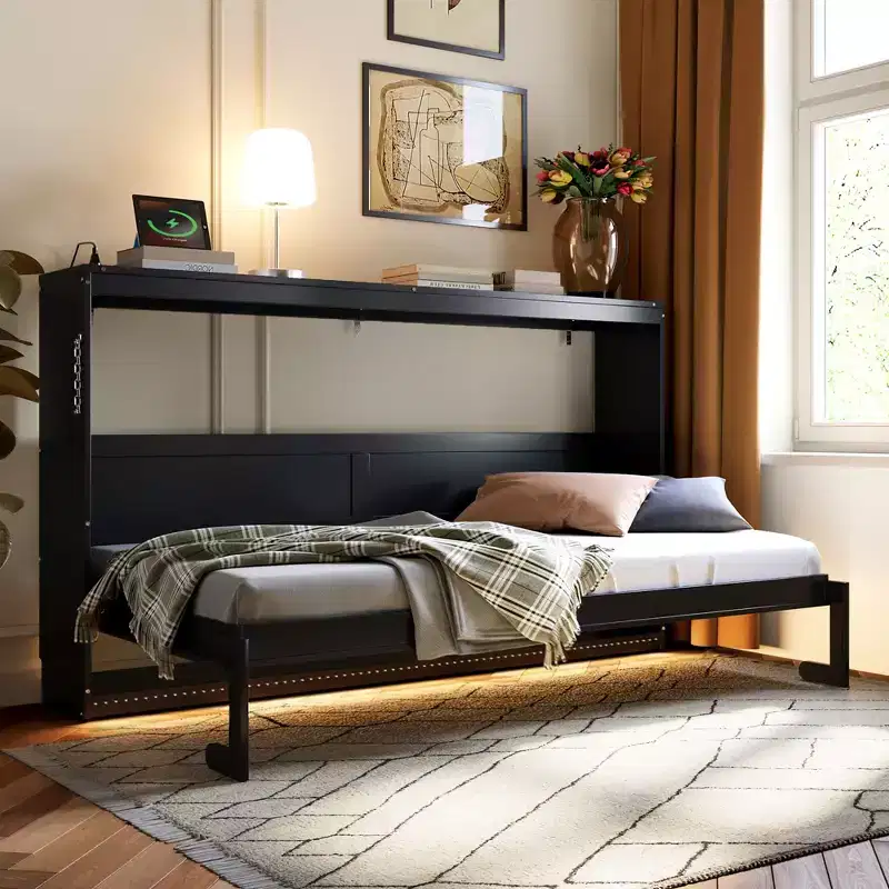 FAMYYT Twin Size Murphy Bed With Side-Folding, LED Under-Bed Lighting, Built-In USB Outlet, Easy Assembly, Black