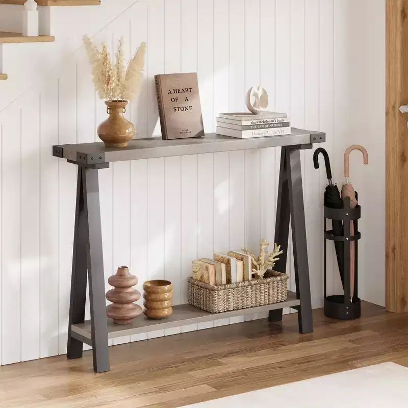 Farmhouse Console Table with 2-Tier Storage Shelf, Rustic Wood Metal Frame Sofa Couch Entryway Hallway Table with Bottom Shelf