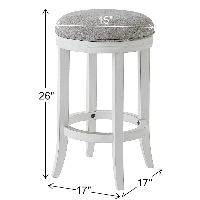 Avery White Wood Backless Swivel Bar Stool, Gray Fabric Seat