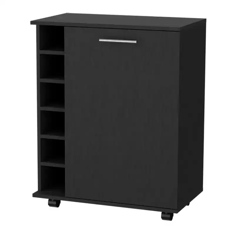 Black Rolling Bar Cart with Wine Storage & Cabinets, Manufactured Wood