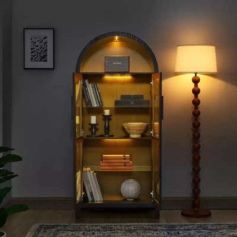MAYEERTY High Arched Storage Cabinet with Lamp, Modern Retro-Style Wooden Storage Cabinet with Adjustable Glass Partitions Black