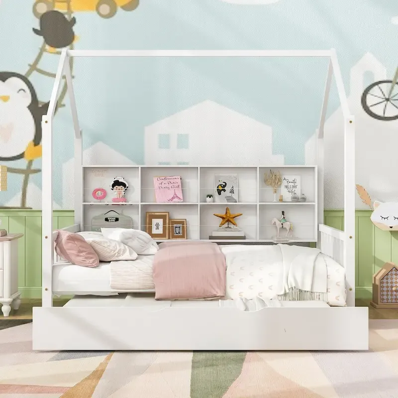 Full Solid Wood House Day Bed with Trundle