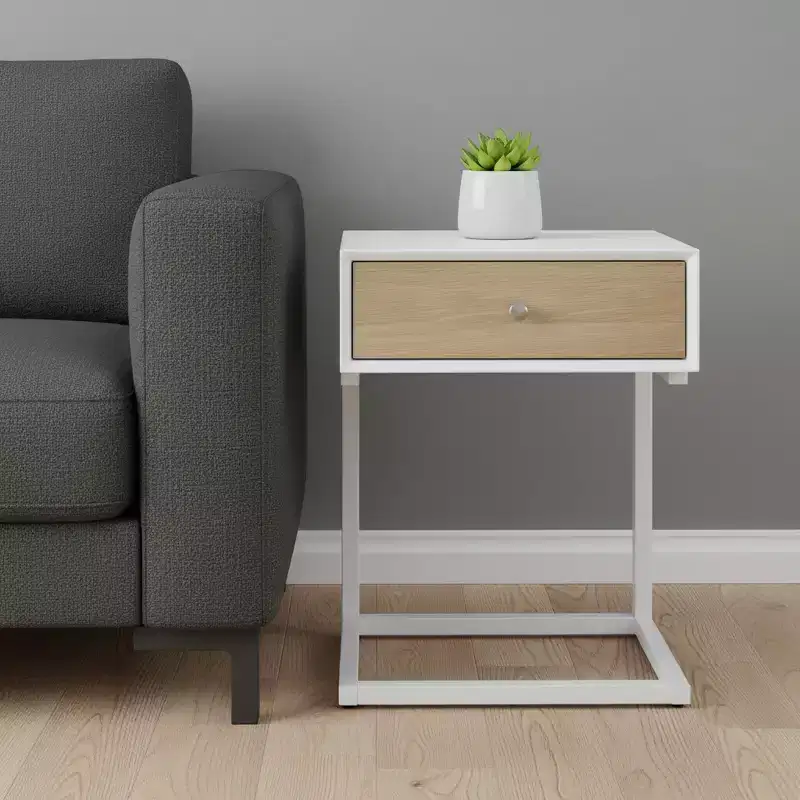HomeRoots 25 White and Natural Wood and Steel End Table With Drawer And USB Port
