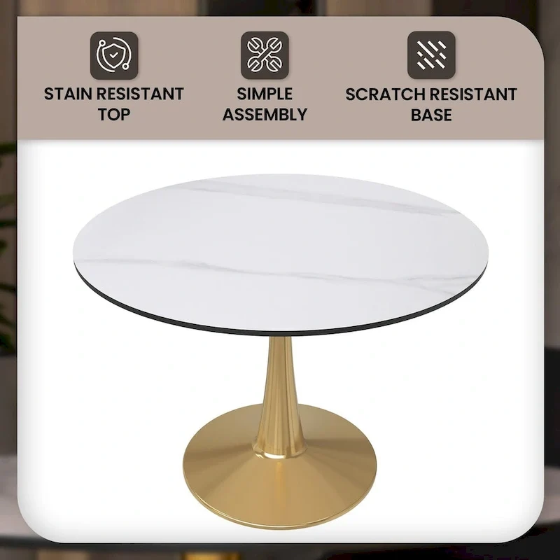 LeisureMod Round Dining Table 40 Sintered Stone Tabletop in Gold Steel Bistro Series