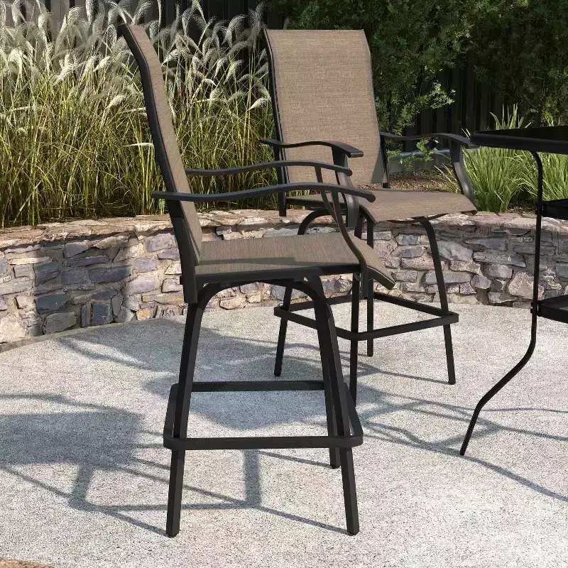 Merrick Lane Set of 2 Brett High Back Bar Height Swivel Patio Stools with Powder Coated Metal Frames and Textilene Upholstery