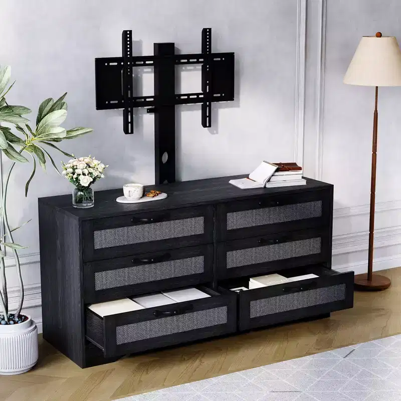 Wood & Rattan TV Stand with Mount 6-Drawer 47.2''W x 43.8''H x 15.7''D