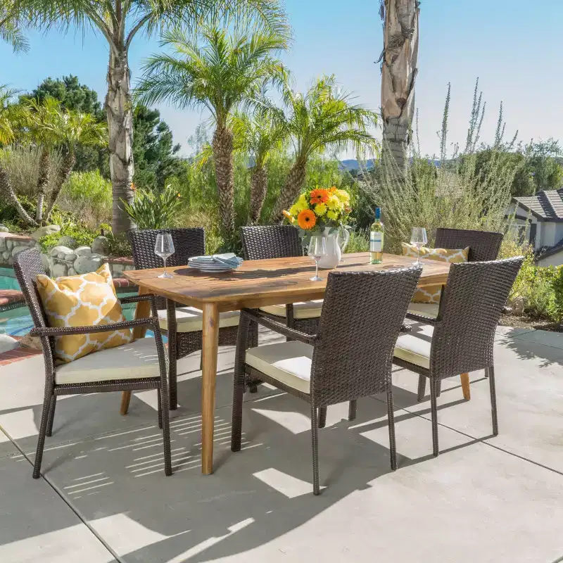 Christopher Knight Home Talbot Outdoor Acacia Wood and Wicker 7 Piece Dining Set with Cushion