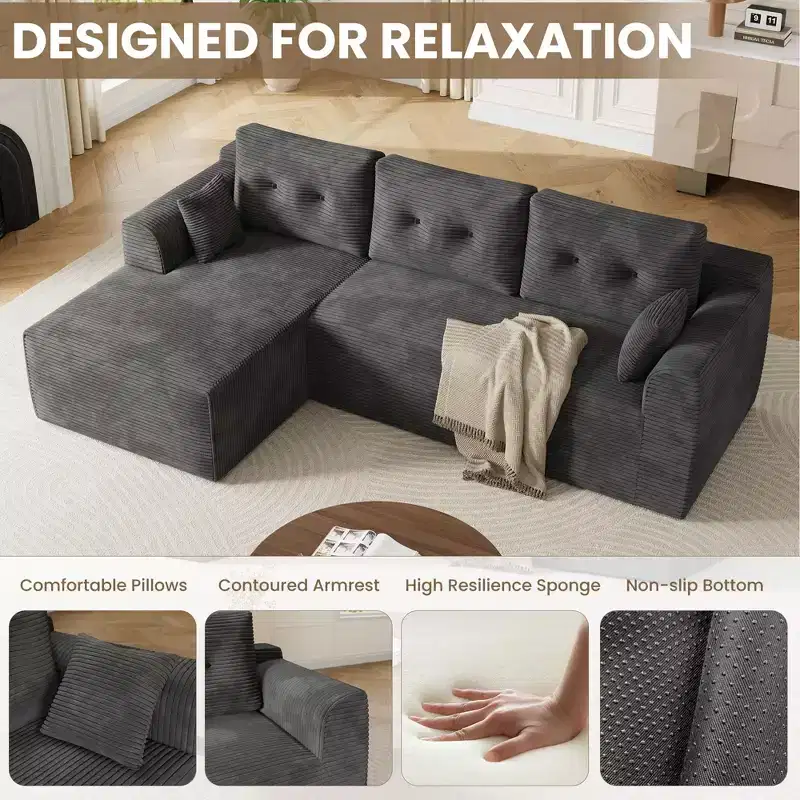Dark Gray Modular Sectional Sofa  L-Shape with Deep Seat & Oversized Chaise, No Assembly, Plush Upholstered for Living Room