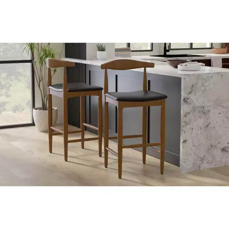 Angela Mid Century Modern Bar Stool in Faux Leather, Fully Assembled