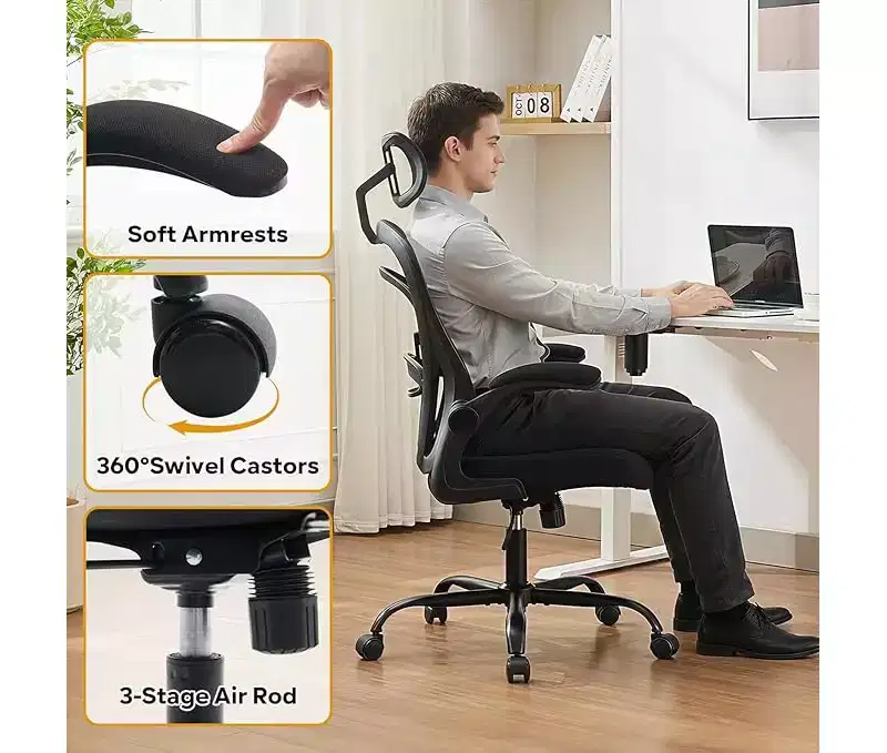 Ergonomic High-Back Mesh Office Chair  Turn-Up Armrests, Headrest, Wheels  300 lbs Capacity, Swivel Executive Computer Desk Chair