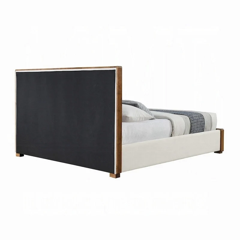Lesa King Bed, Channel Tufted Beige Chenille Upholstery, Walnut Brown