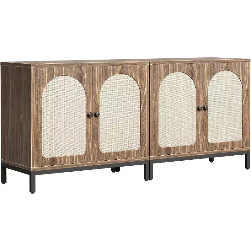 2-Pack Rattan Sideboard Cabinets with Adjustable Shelves, Farmhouse Storage Buffets with Woven Doors,Brown