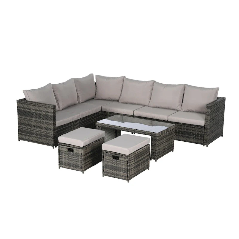 6-Piece Rattan Sectional Sofa Set with Glass Table