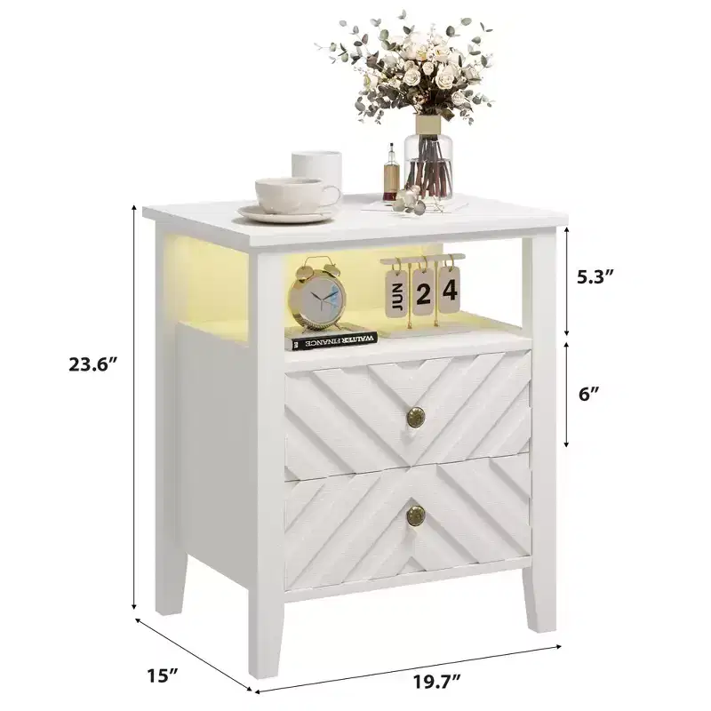 Elegant LED Nightstand with 2 Storage Drawer and Remote-Controlled Color Lights - Perfect for Modern Bedrooms