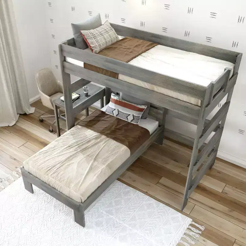 Plank+Beam Solid Wood Farmhouse Twin over Twin L-Shaped Bunk Bed Bed with Desk