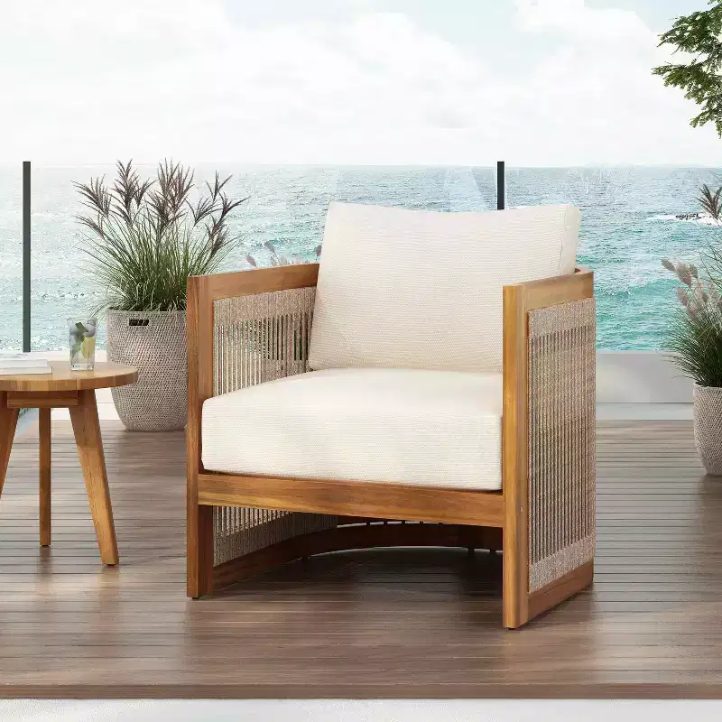 MAYEERTY Premium Acacia Wood Outdoor Club Chair, Curved Tub Rope Accent Water-Resistant Cushion All-Weather Chair