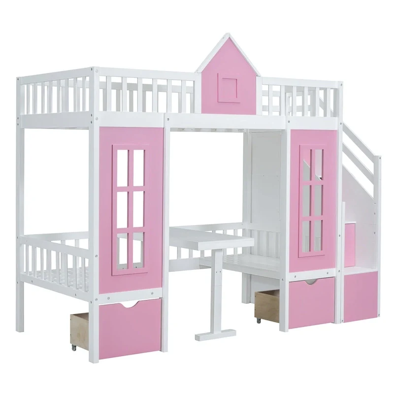 Twin Over Twin Bunk Bed with Convertible Desk - Gray