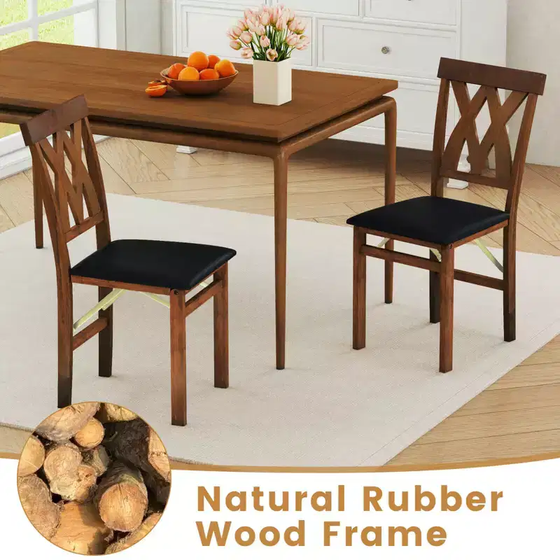 Costway Folding Kitchen Chairs Set of 2/4 with Rubber Wood Frame Padded Seat with PVC Leather White/Brown
