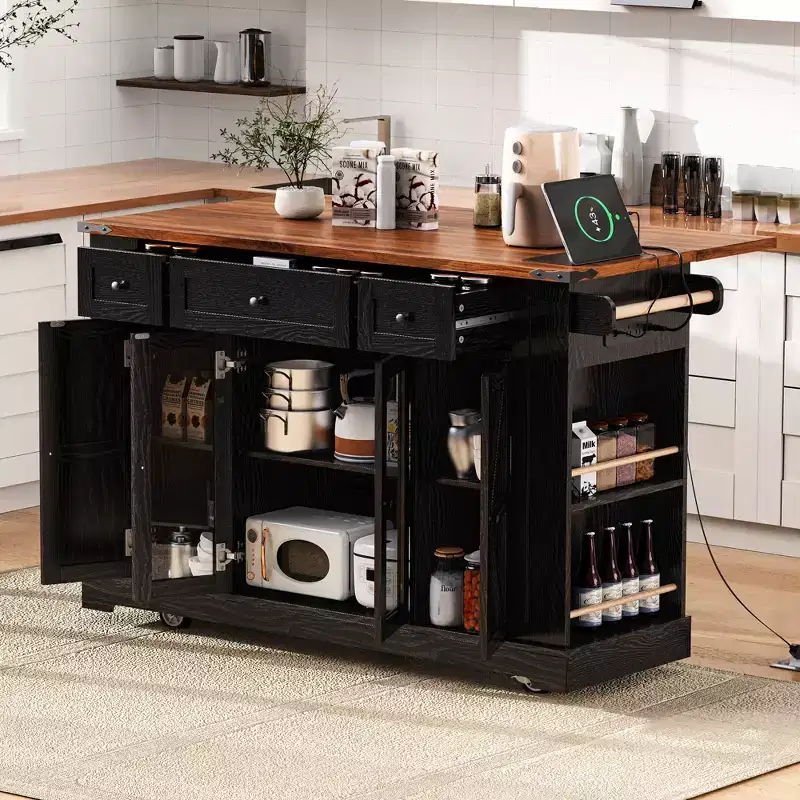53'' Kitchen Island with ,Rolling Kitchen Island on Wheels with 5 Open Side Racks and 3 Drawers, Kitchen Cart for Dining Room