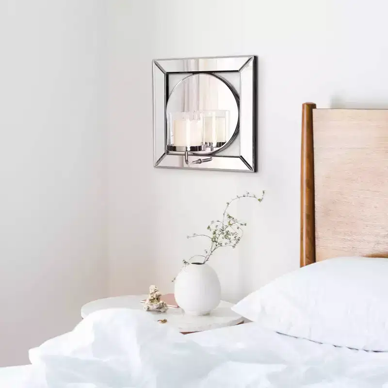 Square Wall Mirror with Chrome Candle Holder - Silver, 12 x 12 in.