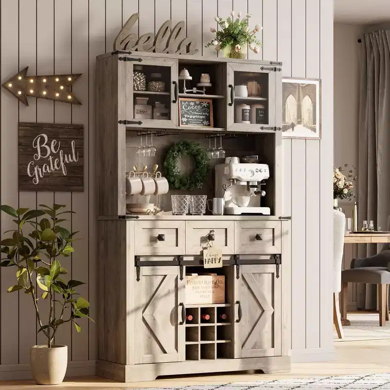 72 in Farmhouse Bar Cabinet with Sliding Barn Door, Tall Kitchen Buffet with 3 Drawer, Rustic Coffee Wine Bar Sideboard with Wine & Glasses Rack