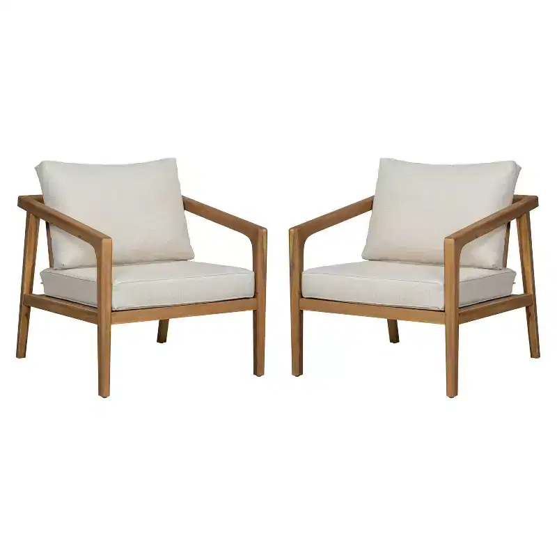 Set of 2 Outdoor Acacia Wood Club Chairs Patio Accent Chair Armchair with Cushions, Teak+Beige - ModernLuxe