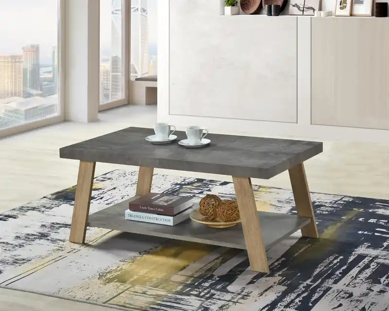 43.3 Modern Coffee Table with Shelf - Grey Stone Top with Light Wood Legs