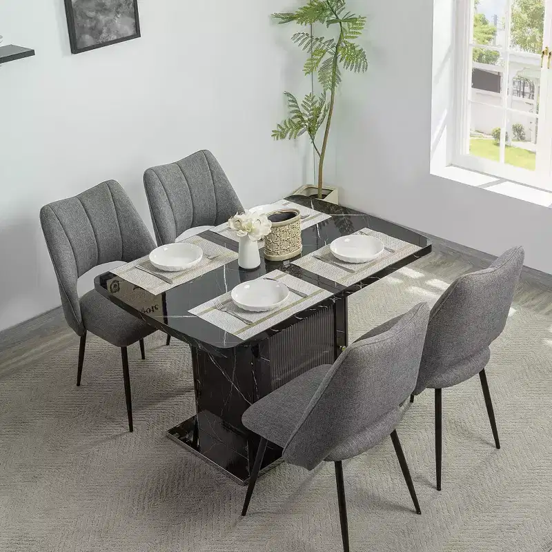 47.24-63Modern Rectangle Dining Table, Stretchable, with Printed White Marble Table Top+Storage Cabinet Table Leg with Metal Base
