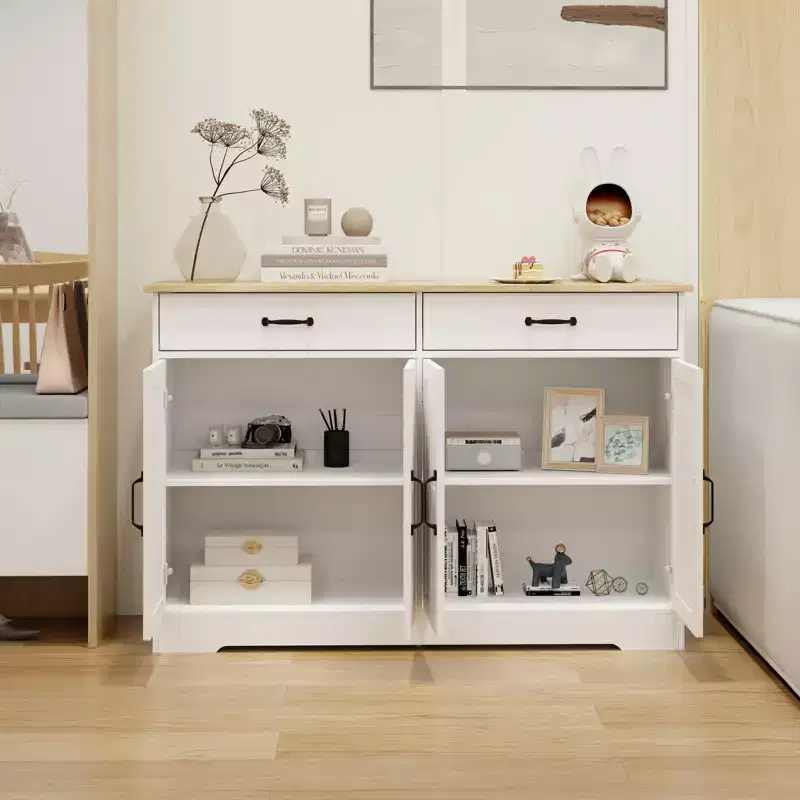 MAYEERTY White 47.95 Farmhouse Buffet Cabinet, 2 Drawers 4 Doors Storage Sideboard for Dining Room