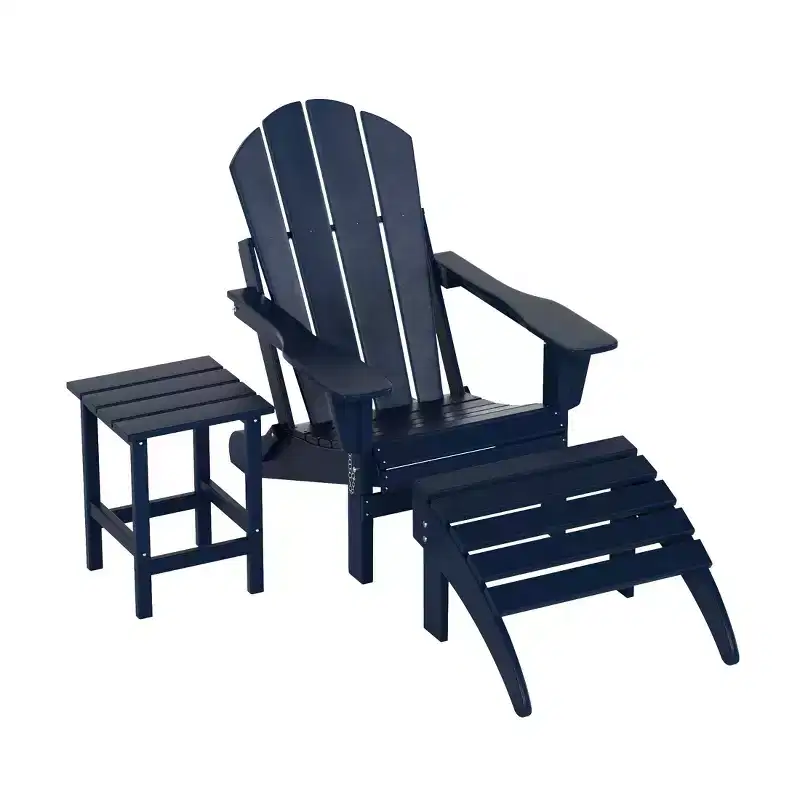 WestinTrends Malibu HDPE Outdoor Patio Folding Adirondack Chair with Ottoman and Side Table - Navy Blue