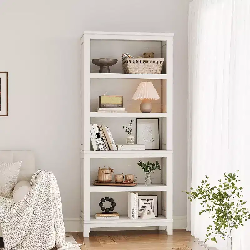 71.3 Tall 5-Tier Wooden Bookshelf with 3 Adjustable Shelves, 11.8 Wide Slim Floor-Standing Bookcase for Living Room, Bedroom  White