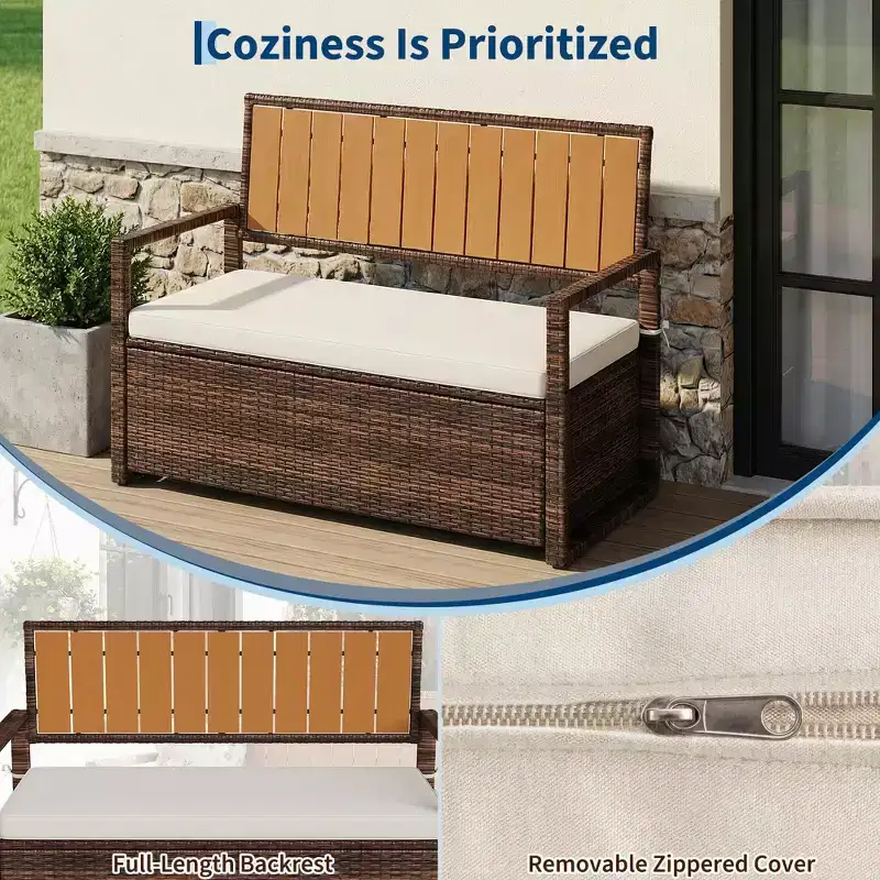 Outdoor Storage Bench with Cushion - 2-Person All-Weather PE Rattan Patio Loveseat - Waterproof Wicker Deck Box with Backrest & Armrests