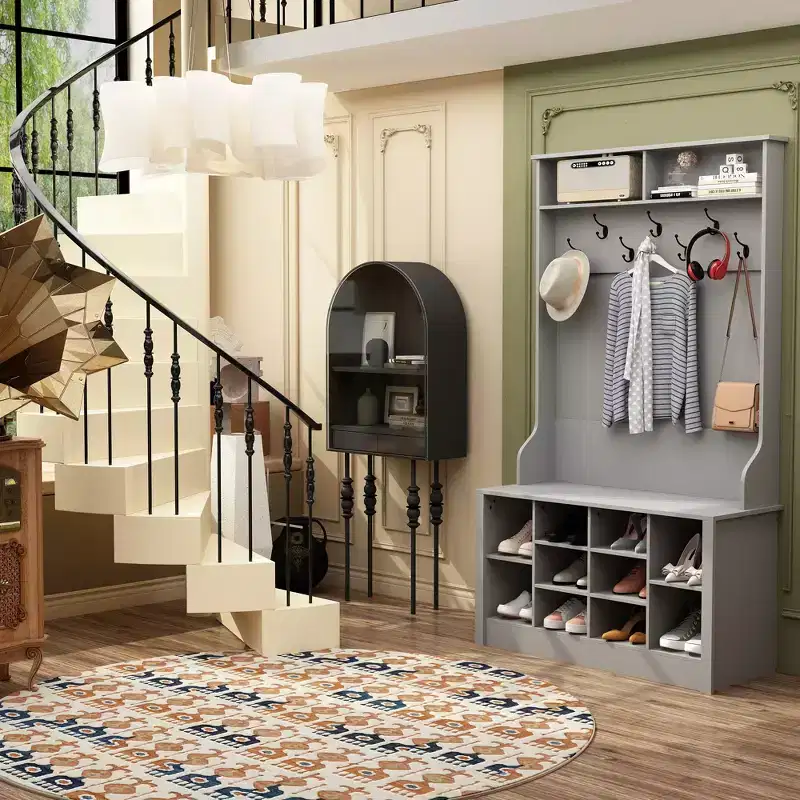 Famapy Wood 3-in-1 Hall Tree Bench with Double Hooks and Shelves