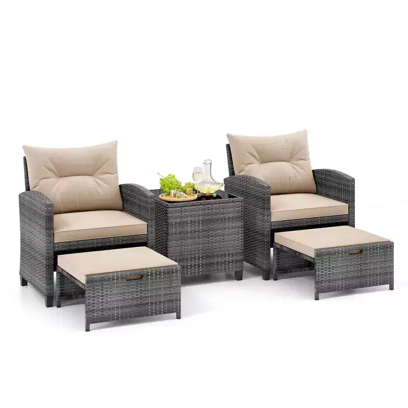 Costway 5 Piece Patio Rattan Furniture with 2 Ottomans & Tempered Glass Coffee Table Black/Grey/Navy/Beige/Red