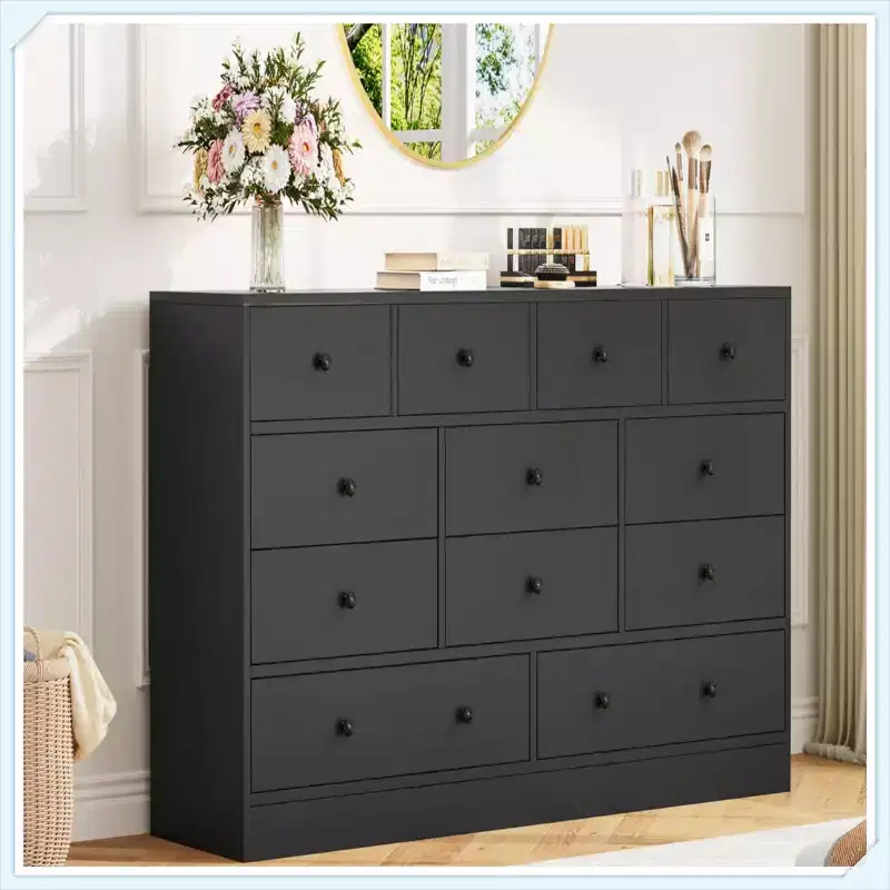 12 Drawer Dresser with Power Outlet, 61 Wood Storage Chest for Bedroom, Living Room, Hallway  Large Capacity Organizer