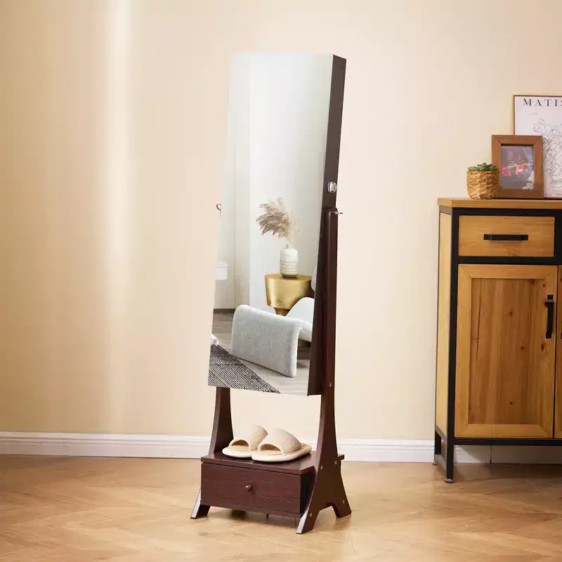 Mirror Jewelry Cabinet, Standing Mirror with Storage, Lockable Jewelry Mirror Organizer with Full Length Mirror, Velvet Lining, Brown