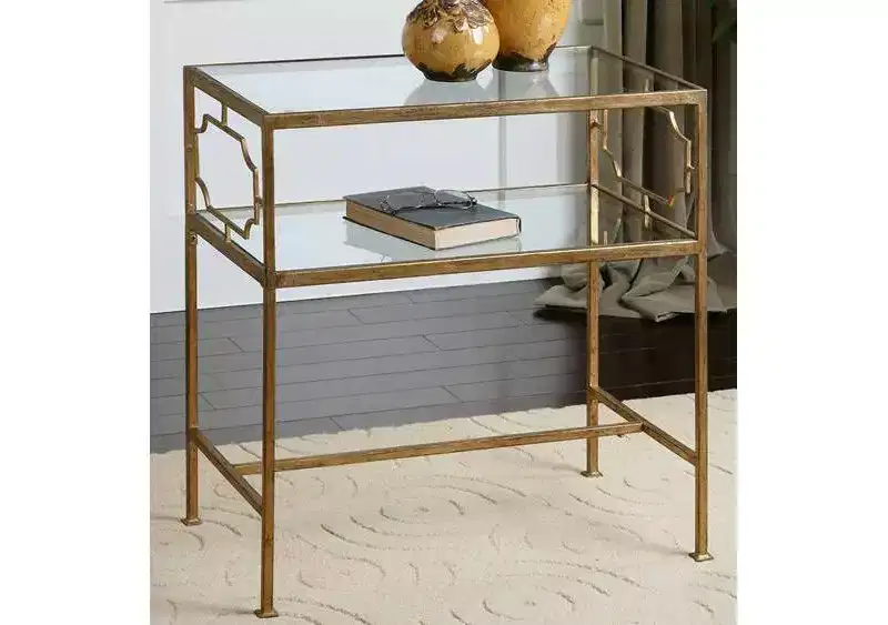 Uttermost Traditional Iron Accent Side End Table 23 3/4 x 14 with Shelf Antiqued Gold Leaf Clear Glass for Living Room Bedroom
