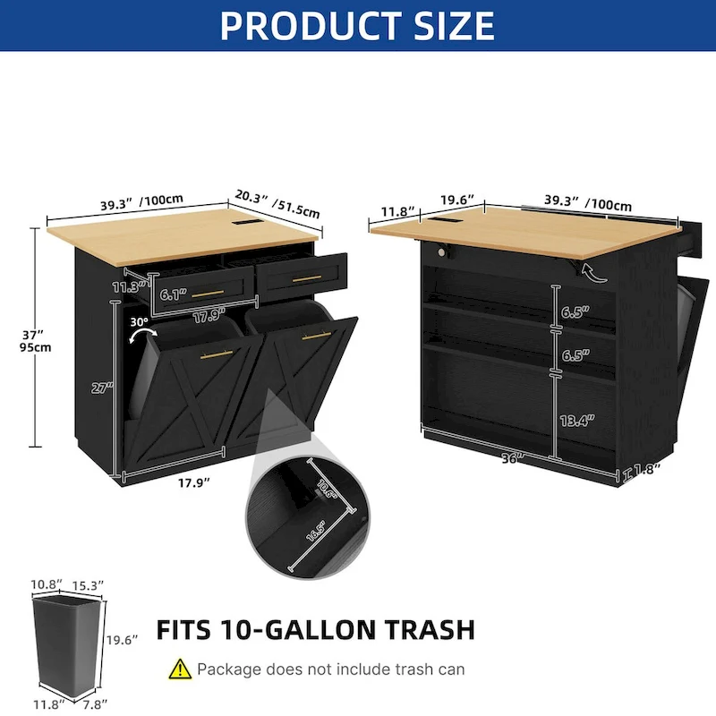 Kitchen Island Drop Leaf with Double Tilt Out Trash Cabinet