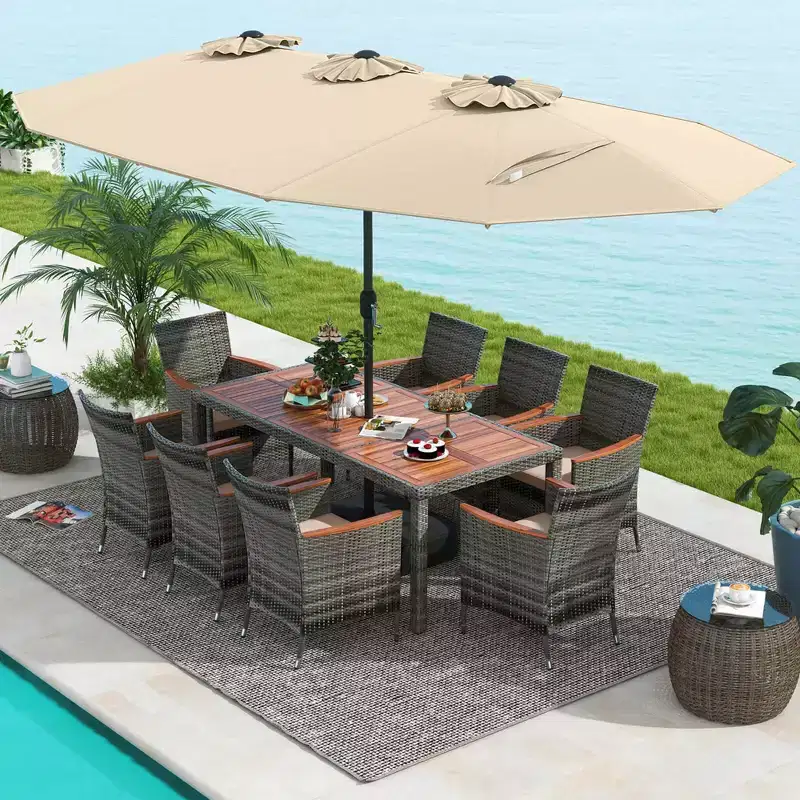 Costway 10 Pieces Patio Wicker Dining Set with Double-Sided Patio Umbrella 8 Armchairs Grey/Red/Orange/Turquoise/Beige/Coffee