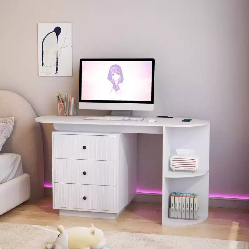 Modern Computer Desk with Drawers, Open Shelves, AC Power Sockets and USB Charging Ports