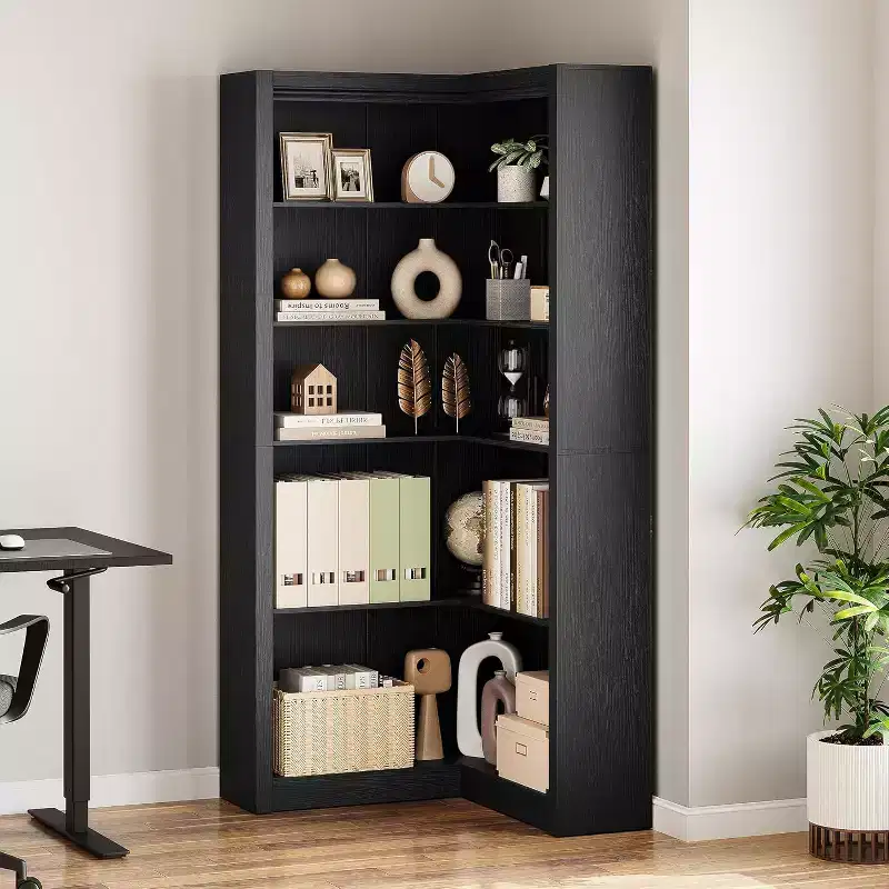 Black/Brown/Natural/White L-Shaped Corner Bookshelf, 5-Tier, for 1 Person