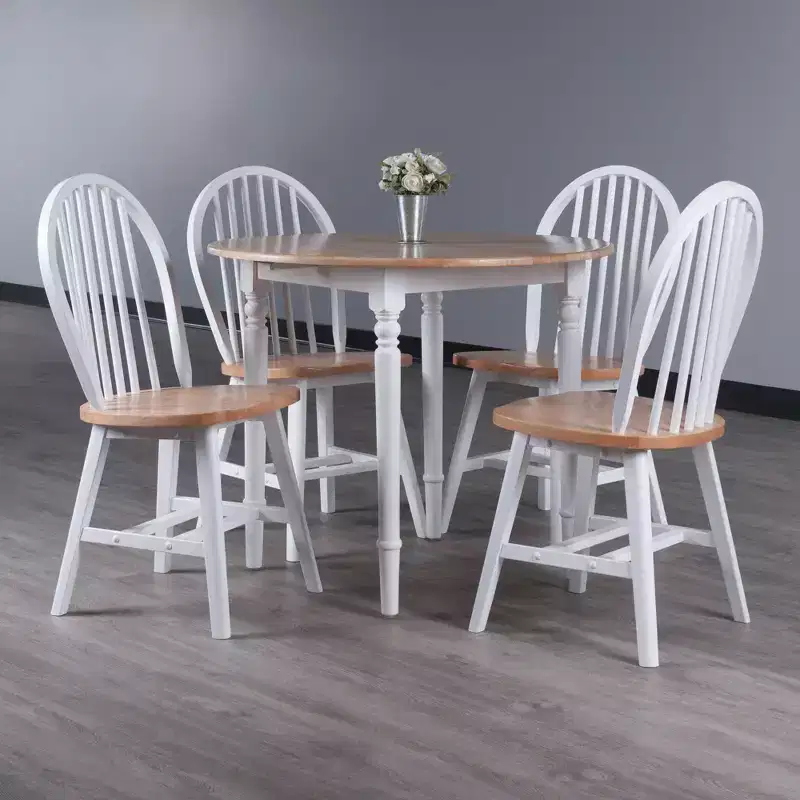 5pc Sorella Dining Table Natural/White: Round Drop Leaf, Solid Wood, 4 Windsor Chairs