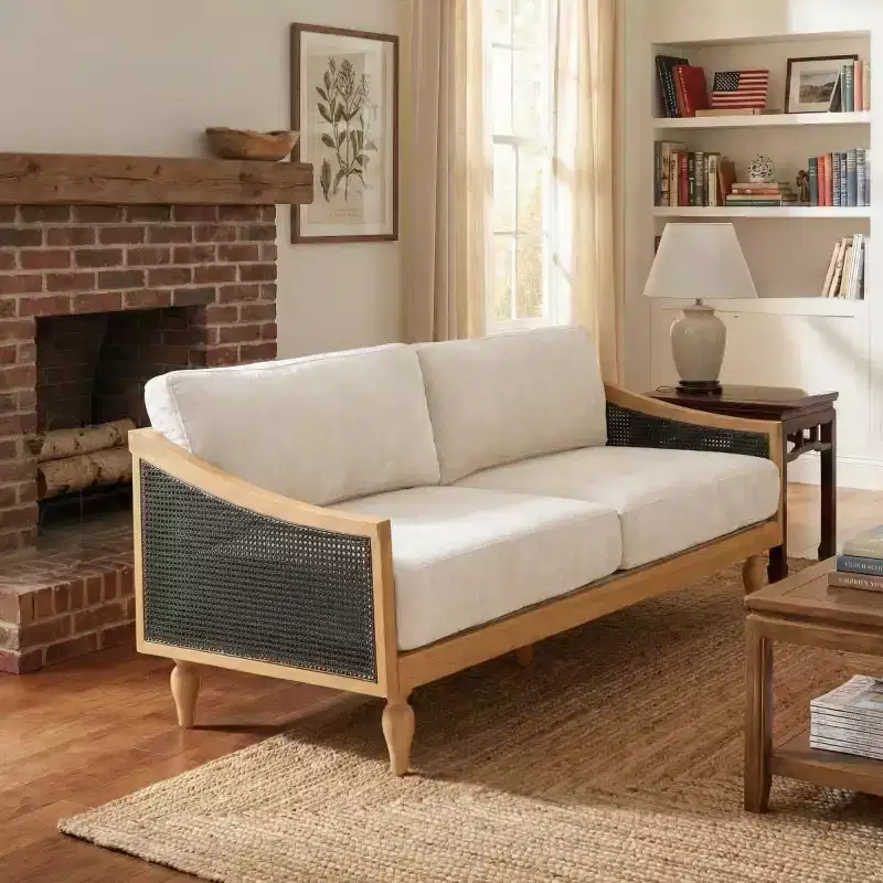 Mid-Century Loveseat Sofa with Soft Upholstery, Rattan Armrests & Wooden Legs, 2-Seater for Living Room