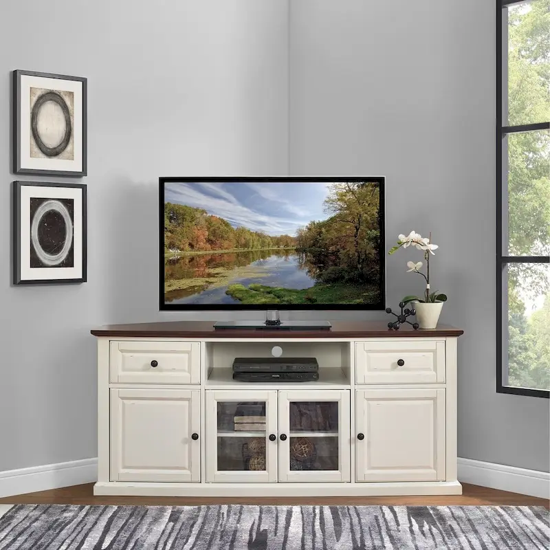 Crosley Shelby 60 Corner Tv Stand In White With Mahogany Top
