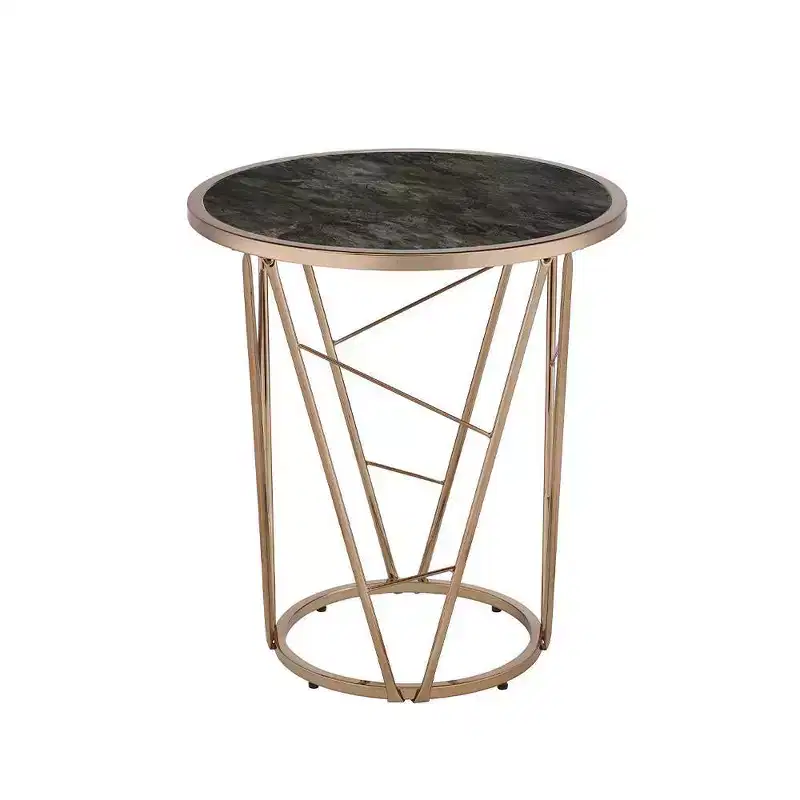 22" Cicatrix Accent Table Faux Black Marble Glass Top Champagne Finish - Acme Furniture: Round, No Assembly, Metal Frame