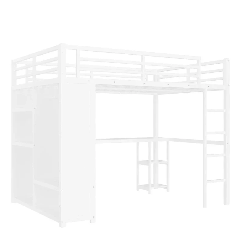 Queen Loft Bed - Built-in Wardrobe & Desk, Metal Frame with Shelves