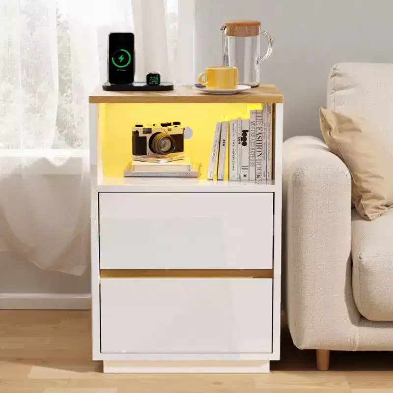 Karl Home 15.7In. High Gloss White & Oak Nightstand, P2 15MM Particleboard, 2 Drawers, RGB Strip, US Outlet (2USB+2AC)