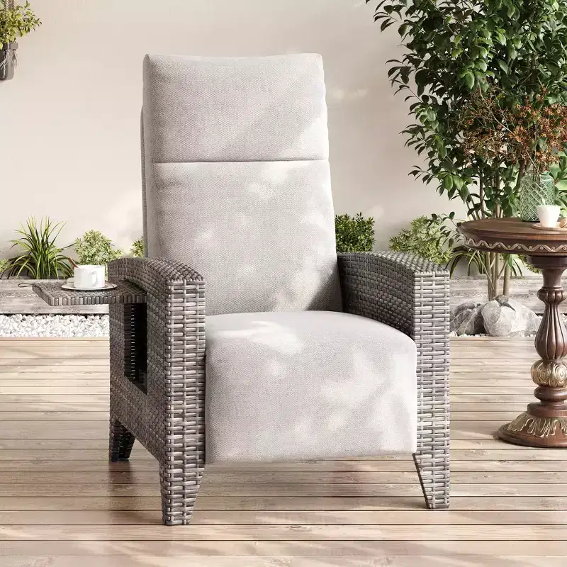 Wicker Recliner Chair with Adjustable Back & Footrest,150 Lay Flat Rattan Reclining Patio Chair with Extendable Side Table & Air Pump